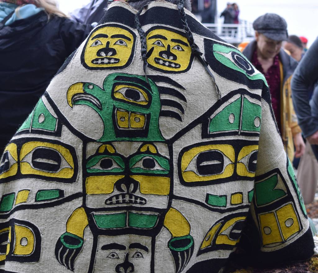 This Chilkat robe, worn by Tlingit elder David Katzeek, is over 200 years old. (Kevin Gullufsen | Juneau Empire)