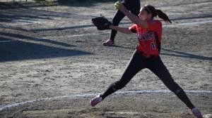 Juneau-Douglas High School&rsquo;s Leah Spargo pitches against Thunder Mountain in the Region V softball tournament Friday night at Melvin Park. (Nolin Ainsworth | Juneau Empire)