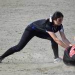 Thunder Mountain High School shortstop Maxie Saceda-Hurt tags out Juneau-Douglas High School&rsquo;s Alyxn Bohulano trying to steal second base at the Region V softball tournament on Saturday, May 27. (Nolin Ainsworth | Juneau Empire)
