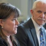 Sara Chambers, Deputy Director of the Division of Corporations, Business and Professional Licensing at the Department of Commerce, Community and Economic Development, left, and Dr. Jay C. Butler, Chief Medical Officer for the Alaska Department of Health and Social Services, speak about an opioids bill in front of the Senate Finance Committee at the Capitol on Tuesday, May 30, 2017. (Michael Penn | Juneau Empire)