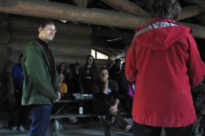 City and Borough of Juneau Assembly member Jesse Kiehl (left) listens as Sara Boesser talks about her mother Mildred&rsquo;s LGBTQ advocacy. Kiehl accepted the Mildred Boesser Equal Rights Award on Sunday, being selected for his efforts on Juneau&rsquo;s equal rights ordinance. (Alex McCarthy | Juneau Empire)
