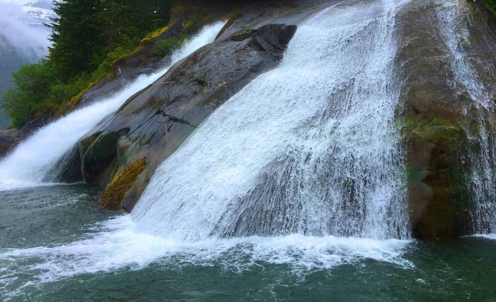Streaming down steep cliffs, the waterfall tumbles into Tracy Arm on June 1. (Photo by Denise Carroll)