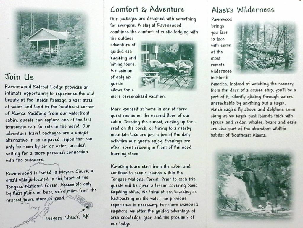 Inside the brochure for the kayak lodge in Meyers Chuck where Tara worked as a wilderness nanny. Photo by Tara Neilson.