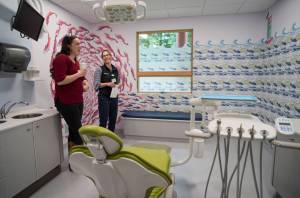 Case Manager Sydney Akagi, left, and Dr. Kim Hort, Pediatric Dentist Manager, admire one of the rooms in the SouthEast Alaska Regional Health Consortium&rsquo;s new Children&rsquo;s Dental Clinic during a Grand Opening on Thursday, June 22, 2017. Agaki&rsquo;s watercolor paintings were use to decorate all the rooms in the clinic. (Michael Penn | Juneau Empire)