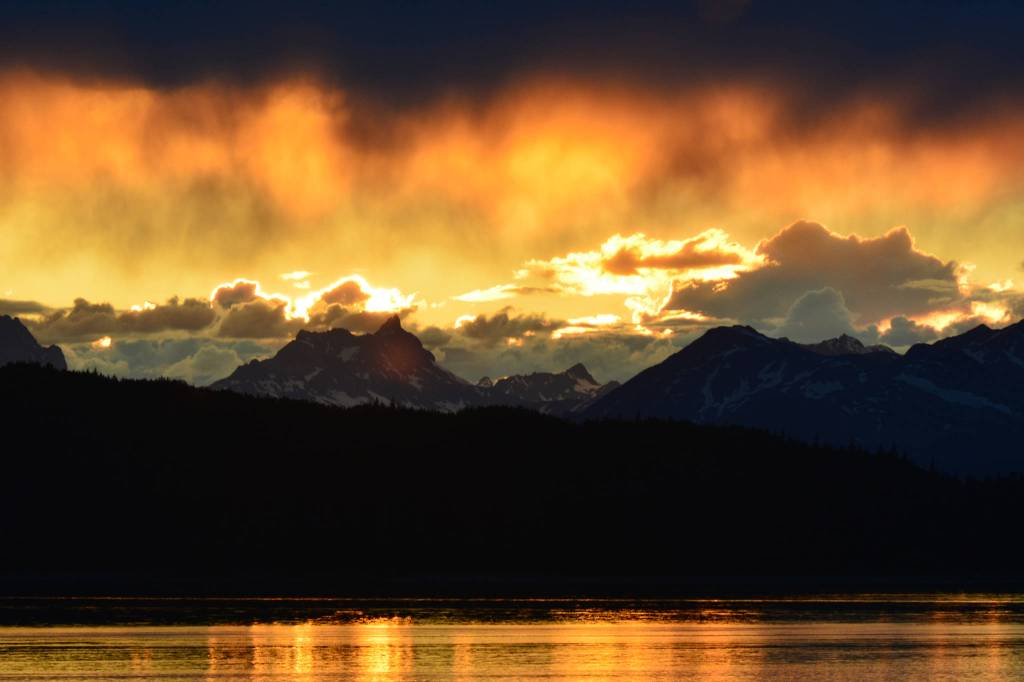 Last week&rsquo;s sunset showcases Lincoln Island and the Chilkat Range. (Photo by Jerry Reinwand)