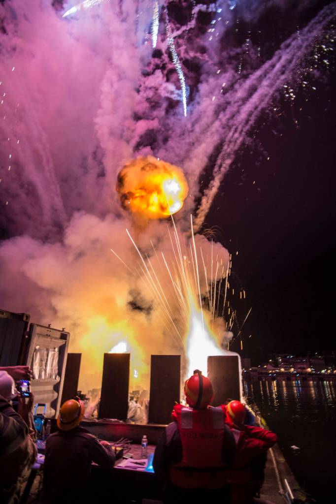 Volunteers set off a cremora fireball along with other exposives during the annual city-funded fireworks show in Juneau&rsquo;s downtown harbor on Tuesday, July 3, 2017. (Michael Penn | Juneau Empire)