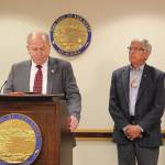 Alaska Gov. Bill Walker speaks during a news conference July 10, 2017, in Anchorage alongside Lt. Gov. Byron Mallott. (Elwood Brehmer | Alaska Journal of Commerce)