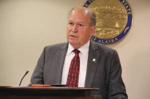 Alaska Gov. Bill Walker speaks during a news conference July 10, 2017, in Anchorage alongside Lt. Gov. Byron Mallott.(Elwood Brehmer | Alaska Journal of Commerce)