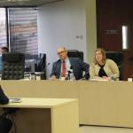 From left to right, Rep. Andy Josephson, Rep. Geran Tarr and Sen. Donny Olson listen to Tax Division Director Ken Alper at a conference committee hearing on House Bill 111 dealing with oil tax credits at the Anchorage Legislative Information Office in Anchorage on July 12, 2017. (Photo/Andrew Jensen/AJOC)