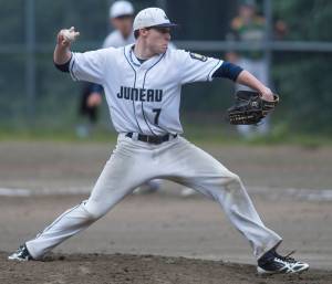 Juneau Post 25&rsquo;s Finn Collins pitches against Service Post 28 at Adair-Kennedy Memorial Park on Friday, July 14, 2017. Collins was the winning pitcher in the 12-5 Juneau victory. (Michael Penn | Juneau Empire)