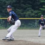 Juneau Post 25 starting pitcher Zeb Storie delivers a pitch during Saturday&rsquo;s 4-3 win over Service Post 28 at Adair-Kennedy Memorial Field. (Alex McCarthy | Juneau Empire)