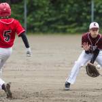 Junea&rsquo;s Cody Requa, left, steals second base safely as Ketchikan&rsquo;s Isaac Romano fields the ball during their game at the Little League Junior Regional Tournament at Adair-Kennedy Memorial Park on Friday, July 14, 2017. (Michael Penn | Juneau Empire)