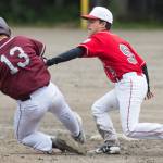 Juneau&rsquo;s Gabby Soto, right, tags Ketchikan&rsquo;s Wyatt Glenn out during their game in the Little League Junior Regional Tournament at Adair-Kennedy Memorial Park on Friday, July 14, 2017. (Michael Penn | Juneau Empire)