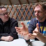 Adam White, a producer for the British Broadcasting Corporation, right, and Bill Margol, Senior Director of the Programming Development for the Public Broadcasting Service, talk about the joint PBS/BBC project called Wild Alaska Live at the Mendenhall Glacier Visitor Center on Wednesday, July 19, 2017.