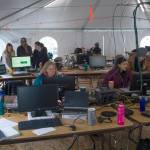 MICHAEL PENN | JUNEAU EMPIRE Crew members work on a joint Public Broadcasting Service/British Broadcasting Corporation project called Wild Alaska Live at the Mendenhall Glacier Visitor Center on Wednesday.