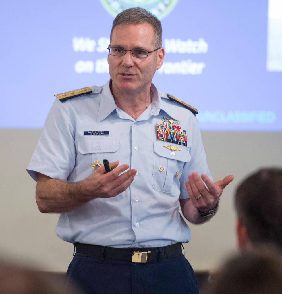 Rear Admiral Michael McAllister, Commander of the U.S. Coast Guard&rsquo;s 17th District, speaks to the Juneau Chamber of Commerce at the Moose Lodge on Thursday, July 20, 2017. (Michael Penn | Juneau Empire)