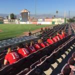 The Gastineau Channel Little League softball team waits to be introduced pregame at an Inland Empire 66ers game. The GCLL team is in San Bernardino, California, to play in the Little League Softball West Regional Tournament. (Photo courtesy of Nicole Adair)