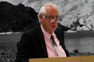 Mayor Ken Koelsch speaks during Monday night&rsquo;s City and Borough of Juneau Assembly meeting. Koelsch was the only member to vote against considering a document that would have Juneau join the Climate Mayors network and reaffirm Juneau&rsquo;s commitment to reducing emissions. (Alex McCarthy | Juneau Empire)