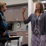 Dzantik&rsquo;i Heeni Middle School teacher Tennie Bentz leads a community-building game on the first day of school Wednesday as student Nelson Abel participates. (Alex McCarthy | Juneau Empire)