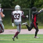 Juneau-Douglas&rsquo; Bubba Stults runs for a touchdown against Ketchikan after making an interception at Adair-Kennedy Memorial Field on Saturday, Aug. 19, 2017. JDHS won 32-8. (Michael Penn | Juneau Empire)