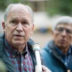 Gov. Bill Walker and Lt. Gov. Byron Mallott speak to the press after filing for re-election at the state&rsquo;s election office in Juneau on Monday, Aug. 21, 2017.