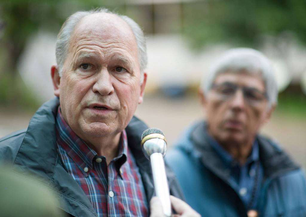 Gov. Bill Walker and Lt. Gov. Byron Mallott speak to the press after filing for re-election at the state&rsquo;s election office in Juneau on Monday, Aug. 21, 2017.