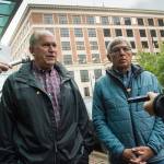 Gov. Bill Walker and Lt. Gov. Byron Mallott speak to the press after filing for re-election at the state&rsquo;s election office in Juneau on Monday, Aug. 21, 2017.