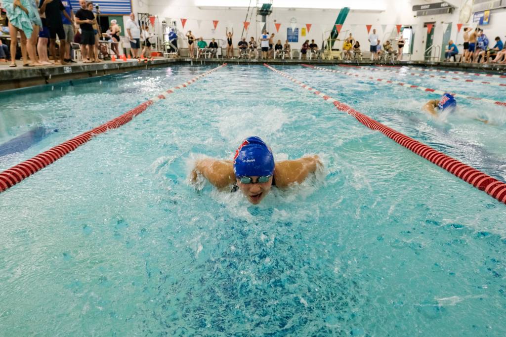 Sitka Wolves swimmer Sophia Schwantes competes in the 100 meter butterfly during Saturday&rsquo;s swim meet at the Augustus Brown Swimming Pool. (Konrad Frank | For the Juneau Empire)