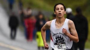 Juneau-Douglas High School&rsquo;s Shadrach Stitz runs in the Wrangell Invitational, Saturday, Sept. 9, 2017. Stitz finished in sixth place in the boys 5-kilometer race. (Photo courtesy of Matt York)