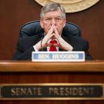 Senate President Charlie Huggins, R-Wasilla, waits for senators to arrive during a &lsquo;call of the house&rsquo; as the Senate takes up the Alaska gasline development bill at the Capitol on Friday, April 12, 2013. Huggins has filed to run for governor. (Michael Penn | Juneau Empire File)