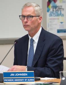 University of Alaska President Jim Johnsen watches Board of Regents vote on his bonus pay during their meeting at the University of Alaska Southeast Student Recreation Center on Thursday, Sept. 14, 2017. (Michael Penn | Juneau Empire)