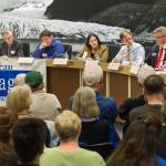 Assembly candidates Maria Gladziszewski, left, Andrew Hughes, Chuck Collins, Loretto Jones, Jesse Kiehl, Robert Edwardson, and Debbie White participate in the Juneau League of Women Voters forum in the Assembly chambers on Thursday, Sept. 14, 2017. (Michael Penn | Juneau Empire)