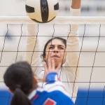 Thunder Mountain&rsquo;s Maximina Saceda-Hurt blocks a spike by Sitka&rsquo;s Joei Vidad at Thunder Mountain High School on Friday, Sept. 15, 2017. (Michael Penn | Juneau Empire)