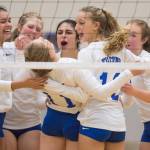 Thunder Mountain&rsquo;s Audrey Welling celebrates a kill shot with her teammates during their match against Sitka on Friday at Thunder Mountain High School on Friday, Sept. 15, 2017. (Michael Penn | Juneau Empire)