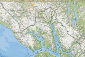 A map provided by the U.S. Geological Survey shows the preliminary epicenter of the earthquake that rattled Juneau on Saturday afternoon. (U.S. Geological Survey)