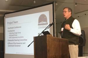 John Waterhouse of Elliott Bay Design speaks about the Alaska Marine Highway Reform Project to Southeast Conference attendees on Wednesday, Sept. 20, 2017 in Haines, Alaska. (James Brooks | Juneau Empire)