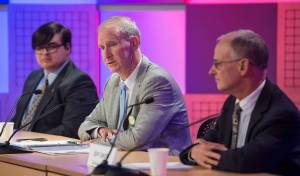 Juneau School Board candidates Jeff Short, right, Brian Holst, center, and Kevin Allen answer questions during the Juneau Votes! Candidate Forum sponsored by the Juneau Empire and KTOO at KTOO on Monday, Sept. 25, 2017. (Michael Penn | Juneau Empire)