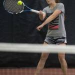 Adelie McMillian returns a serve during a mixed-doubles match with partner Sammy McKnight against the team of Madisyn Carter and Kolby Hoover in a Southeast Regional Tournament match at JRC/The Alaska Club on Thursday, Sept. 21, 2017. McKnight and McMillian won the match 8-4. (Michael Penn | Juneau Empire)