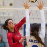 Juneau-Douglas&rsquo;s Leah Spargo spikes the ball against Thunder Mountain&rsquo;s Gabriella Sloan at TMHS on Tuesday, Sept. 26, 2017. JDHS won 15-13 in the tiebreaking fifth game. (Michael Penn | Juneau Empire)