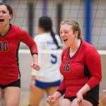 Juneau-Douglas&rsquo;s Jessica Peirce, left, and Abby Meiners celebrate at point against Thunder Mountain at TMHS on Tuesday, Sept. 26, 2017. JDHS won 15-13 in the tiebreaking fifth game. (Michael Penn | Juneau Empire)