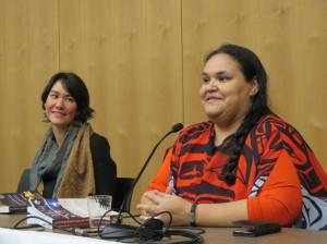 Playwright Vera Bedard speaks as poet Joan Naviyuk Kane listens at a 49 Writers Crosscurrents panel on Friday, Sept. 29. Bedard, who is currently a three-year resident at Perseverance Theater, wrote the 2016 Perseverance-produced play &ldquo;Our Voices Will be Heard,&rdquo; which addressed childhood sexual abuse. She was born in Craig and has Tlingit and Dena&rsquo;ina heritage. Kane is the author of &ldquo;Milk Black Carbon,&rdquo; &ldquo;Hyperboreal,&rdquo; &ldquo;The Cormorant Hunter&rsquo;s Wife,&rdquo; and &ldquo;The Straits.&rdquo; She is Inupiaq, with family in King Island and Mary&rsquo;s Igloo.