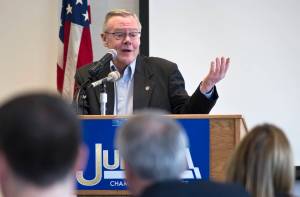 In this July 2015 photo, Sen. Dennis Egan, D-Juneau, speaks to the Juneau Chamber of Commerce at the Juneau International Airport. (Michael Penn | Juneau Empire File)