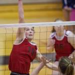 Juneau-Douglas&rsquo; Jessica Pierce spikes against Petersburg at the Juneau Invitational Volleyball Extravaganza at JDHS on Friday, Oct. 13, 2017.