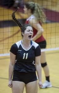 Petersburg&rsquo;s Eliza Larson celebrates a point against Juneau-Douglas at the Juneau Invitational Volleyball Extravaganza at JDHS on Friday, Oct. 13, 2017.
