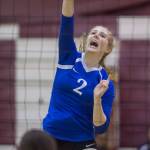 Thunder Mountain&rsquo;s Mary Landes spikes against Wrangell at the Juneau Invitational Volleyball Extravaganza at JDHS on Friday, Oct. 13, 2017.