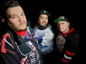 Ian &ldquo;DJ NDN&rdquo; Campeau, right, Ehren &ldquo;Bear Witness&rdquo; Thomas, middle, and Tim &ldquo;2oolman&rdquo; Hill, left, of A Tribe Called Red. (Photo by Falling Tree Photography)