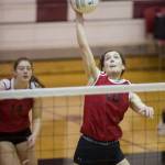 Juneau-Douglas&rsquo; Jessica Pierce spikes against Petersburg at the Juneau Invitational Volleyball Extravaganza at JDHS on Friday, Oct. 13, 2017. (Michael Penn | Juneau Empire)