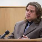 Tim Shockley, a resident of the Kodzoff Acres Mobile Home Park, answers questions by Christopher Strawn during Strawn&rsquo;s trial in Juneau Superior Court on Tuesday, Oct. 17, 2017. Strawn, 34, faces charges of first-degree and second-degree murder, manslaughter, criminally negligent homicide, third-degree assault and weapons misconduct in the shooting death of Brandon Cook in October 2015. (Michael Penn | Juneau Empire)