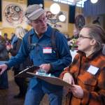 Engineer Jim Rehfeldt trades information with Glacier Valley Elementary Teacher Mareta Weed during a networking event for teachers and STEM community members at the Juneau Arts and Culture Center on Tuesday, Oct. 17, 2017. The SouthEast Exchange is a new collaboration started by scientists and school teachers, in conjunction with the Juneau STEM Coalition and JEDC. Its broad mission is to share ideas, experience and knowledge within our community and, particularly, to facilitate connections among professionals and teachers to enrich education for Juneau students. (Michael Penn | Juneau Empire)