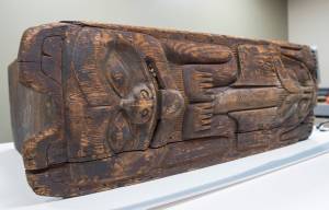 A wooden box drum that is currently undergoing restoration at Sealaska Heritage Institute on Wednesday, Oct. 18, 2017. (Michael Penn | Capital City Weekly)